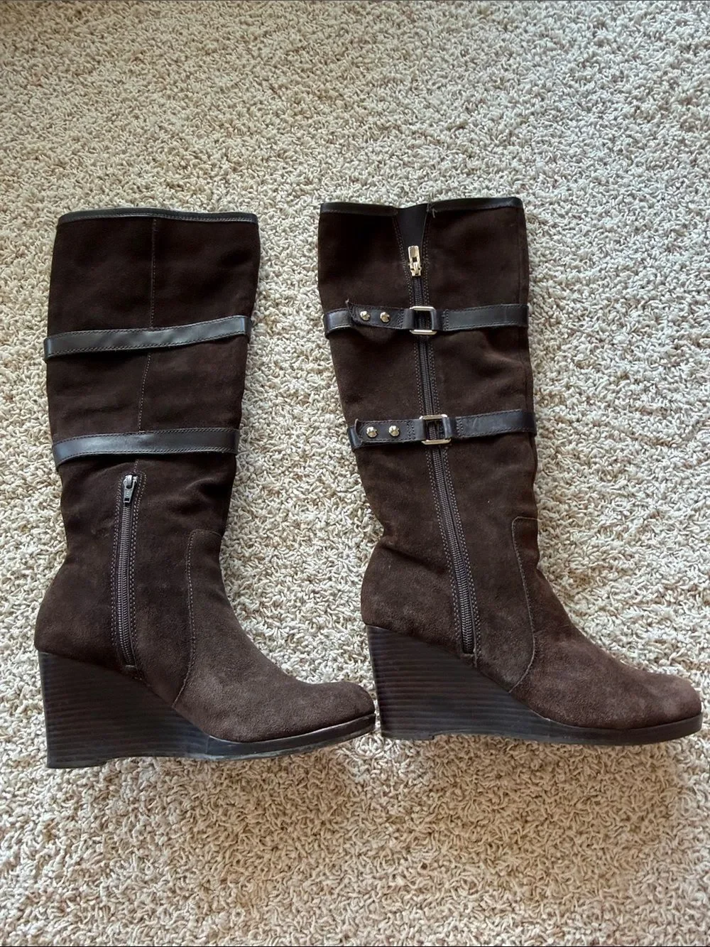 ANTONIO MELANI Brown Suede Wedge Knee Boots with Strap Accents